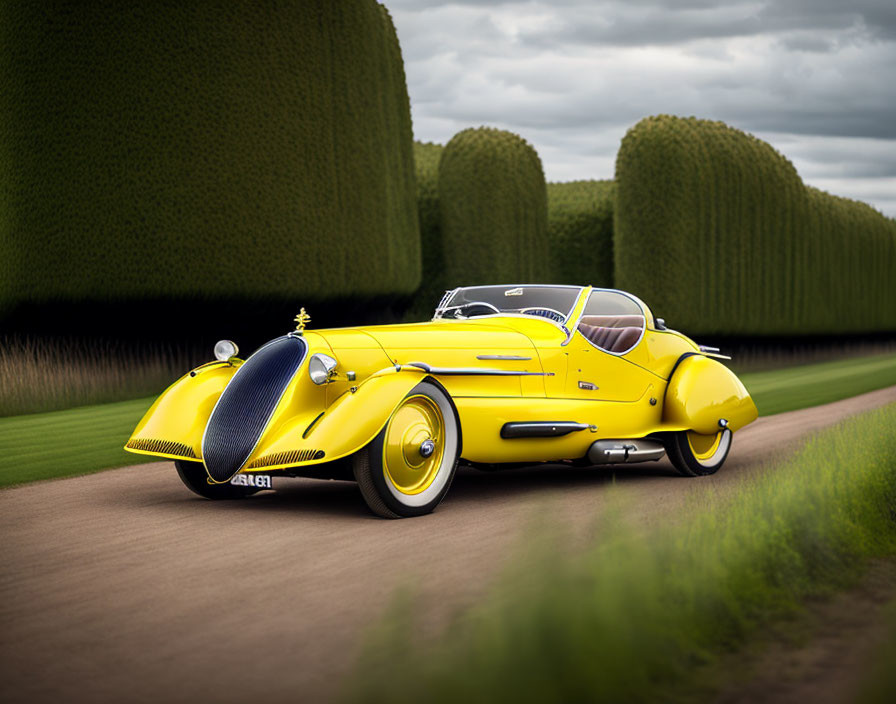 Vintage Yellow Roadster Driving Down Tree-Lined Road