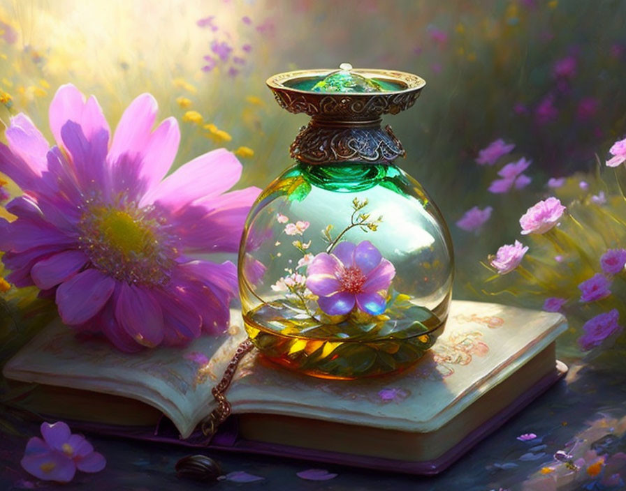 Ornate perfume bottle with blooming flowers on open book in vibrant blossom field