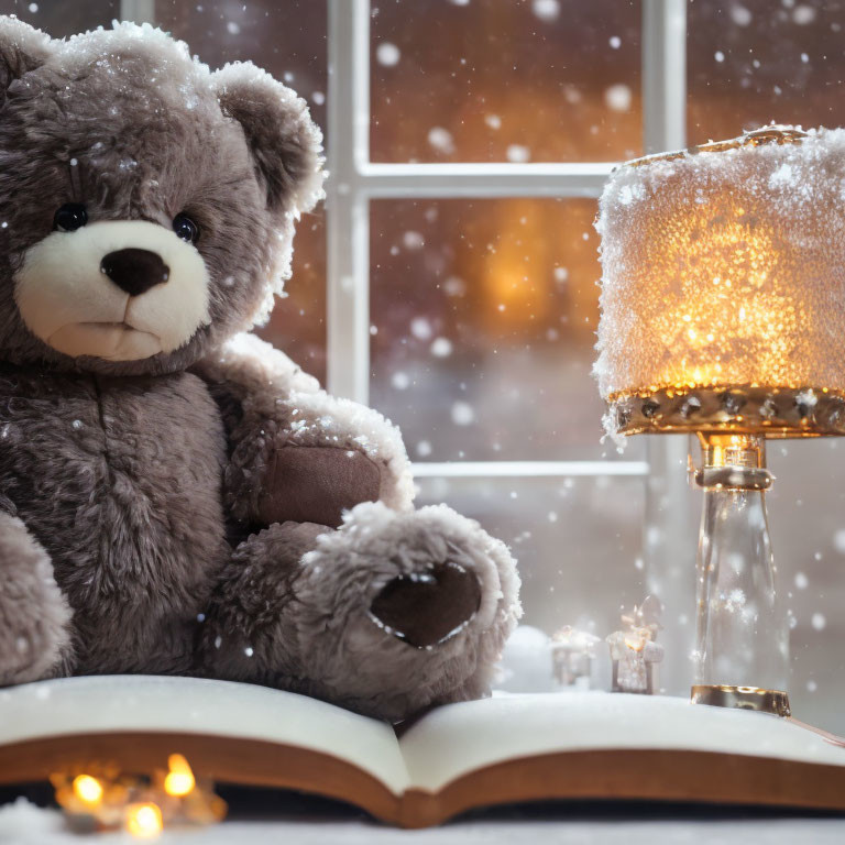 Plush teddy bear with open book, glowing lamp, and snowflakes scene