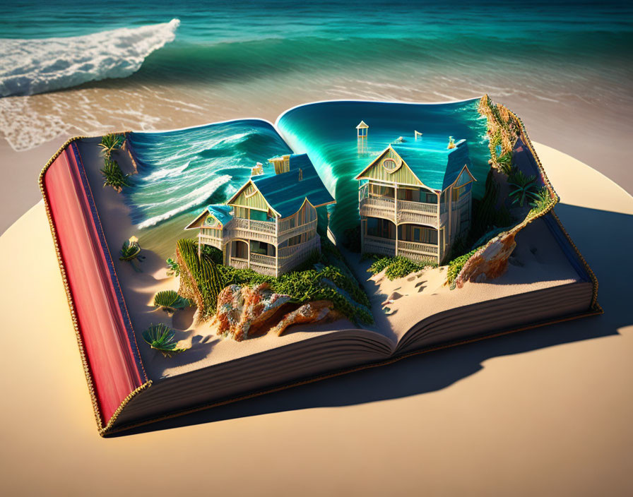 Open book on beach: Realistic ocean waves, coastal houses blend fantasy with seaside.