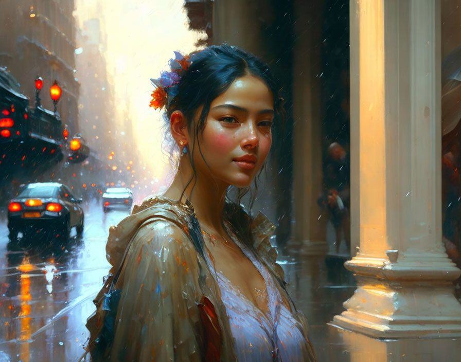 Digital painting of woman with flowers in hair on rainy city street