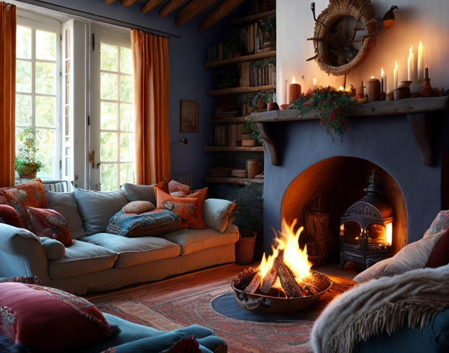 Cozy Living Room with Blue Walls, Plush Seating, and Roaring Fire