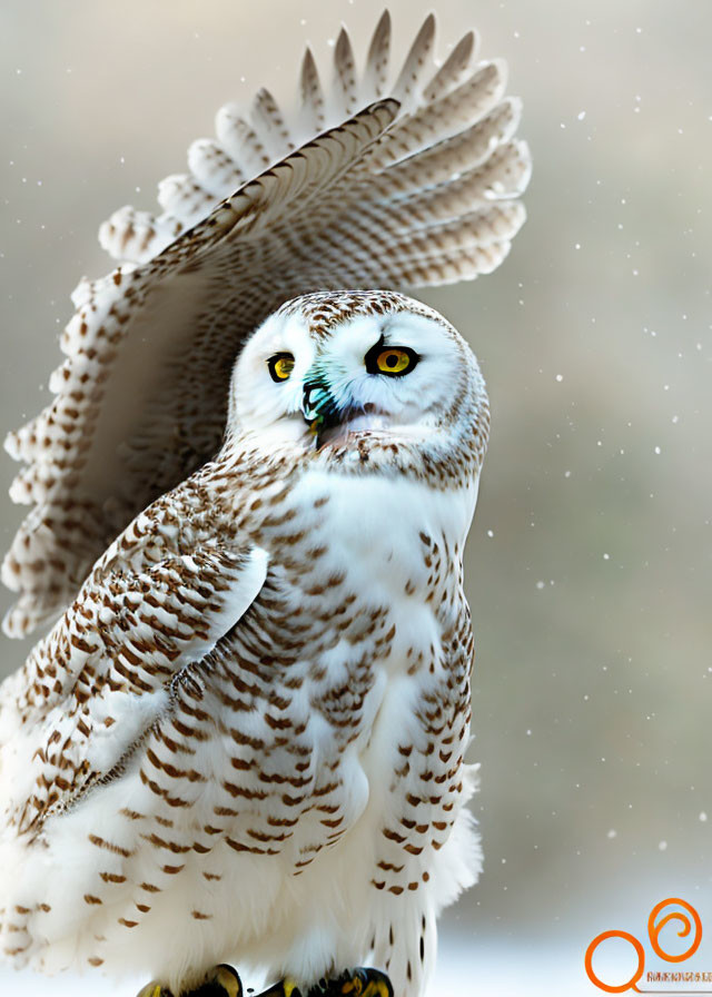 Snowy owl mid-flight with spread wings in snowfall.