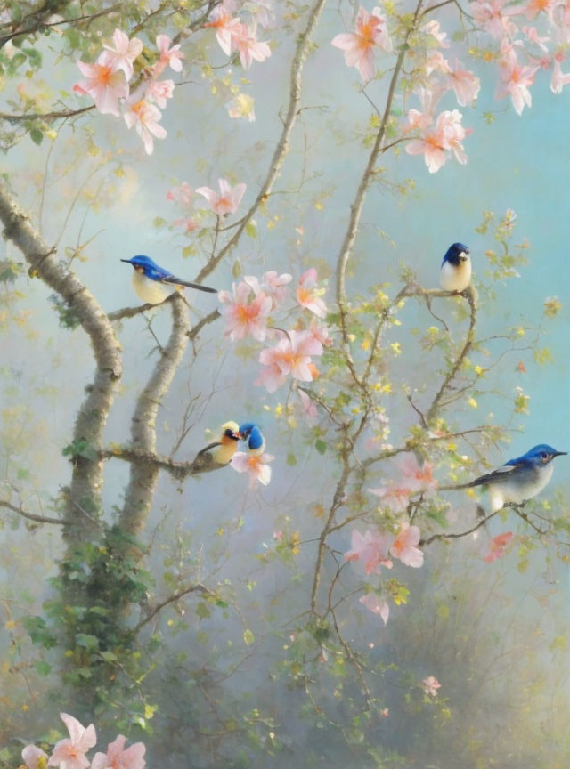 Colorful Birds Perched on Blossoming Tree Branches in Hazy Blue Sky