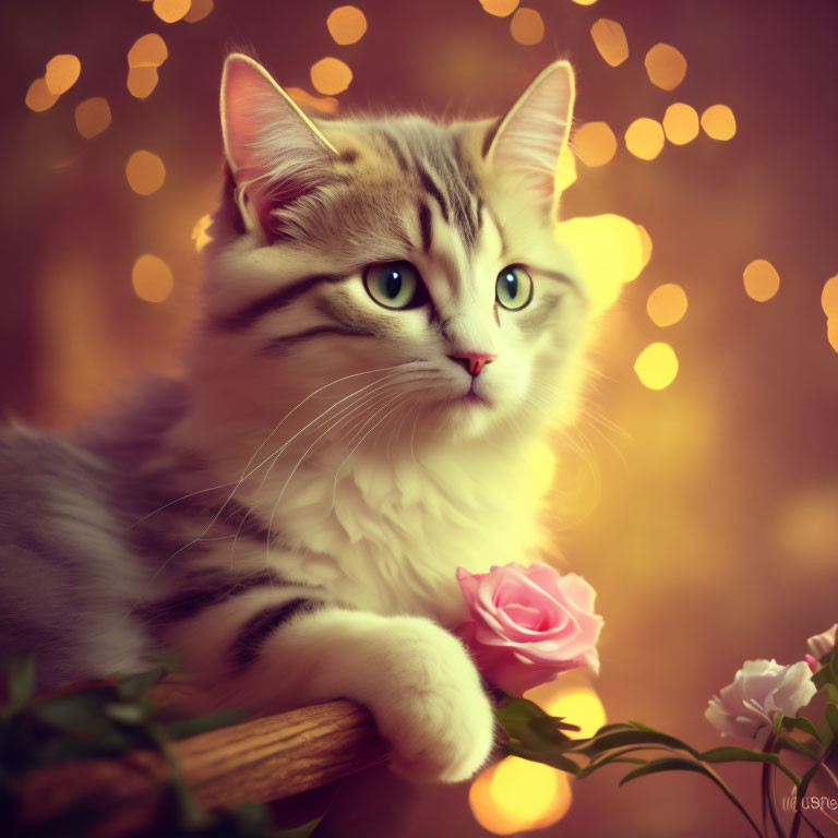 Fluffy Cat with Green Eyes Resting Beside Pink Roses