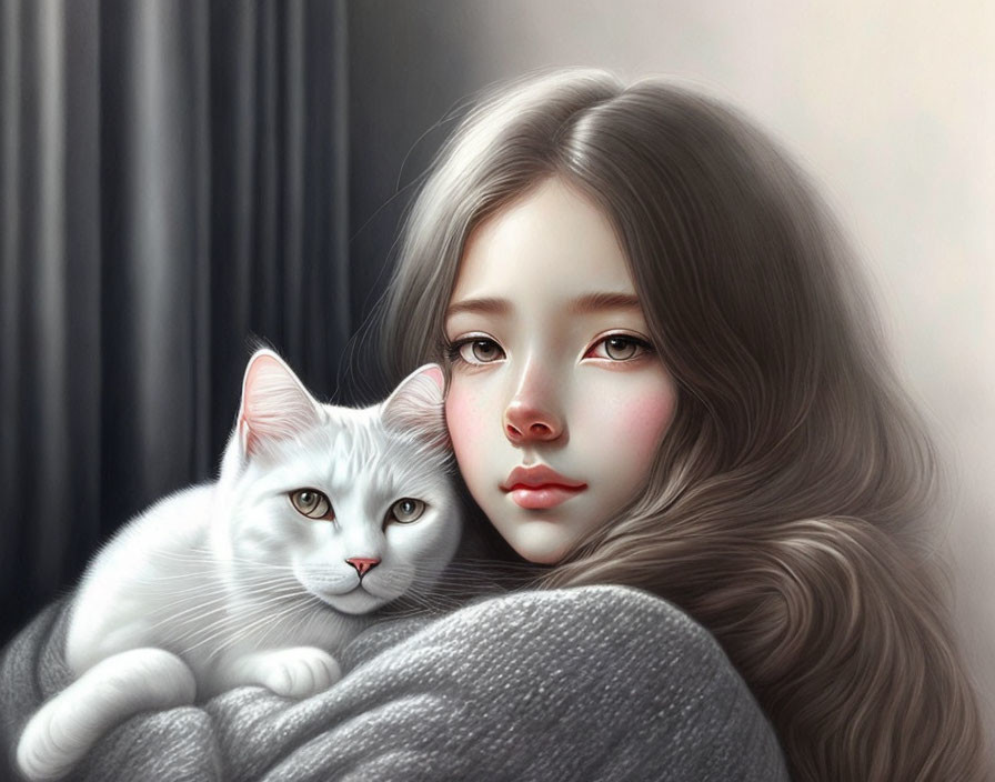 Digital painting of girl with white cat on shoulder against gray background