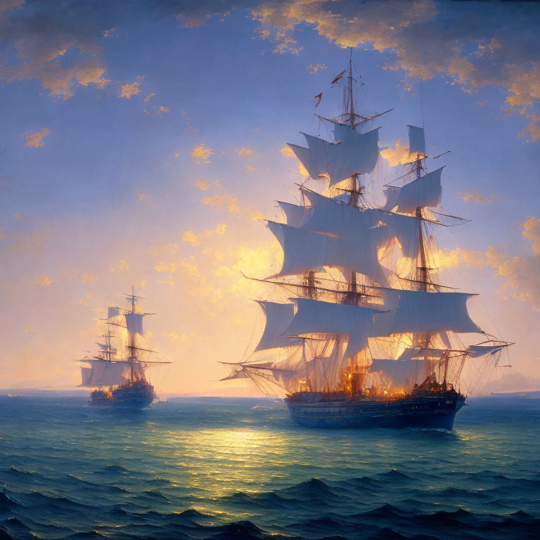 Majestic sailing ships with unfurled sails on calm seas at sunset