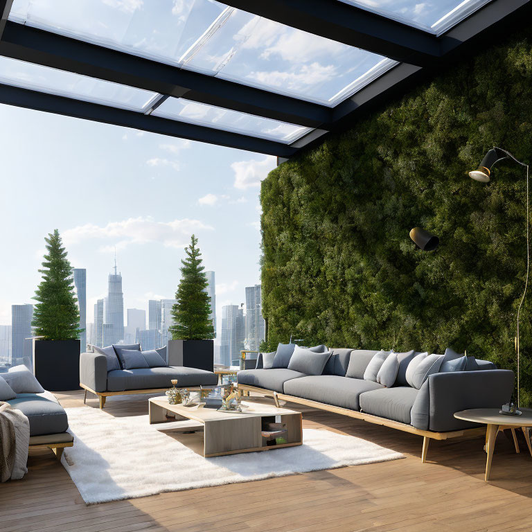 Stylish rooftop patio with moss wall, plush sofas, and city skyline view.