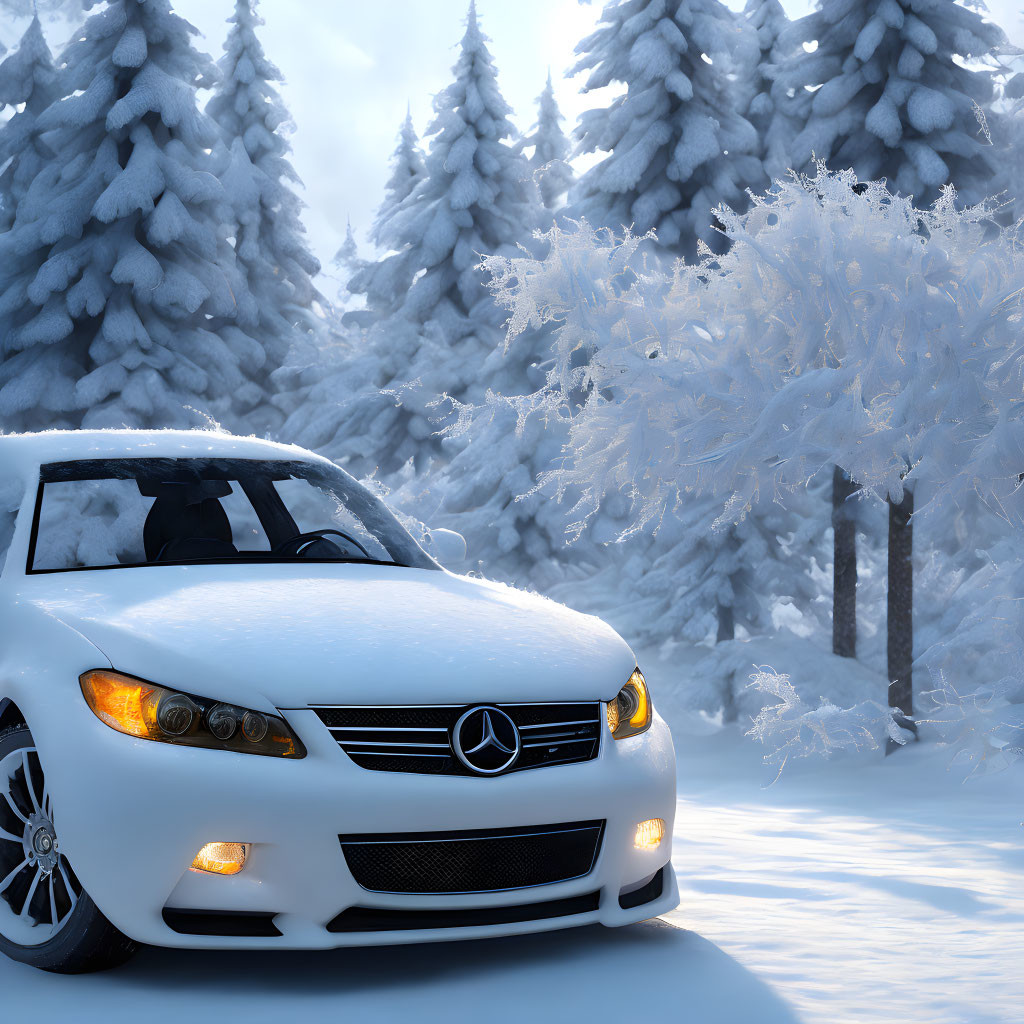 White Car Parked in Snowy Forest with Snow-Covered Trees