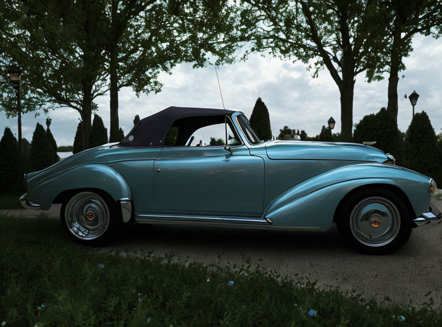 Vintage Convertible Car Parked in Lush Park with Blue Flowers Under Cloudy Sky