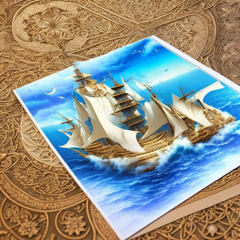 3D artwork of sailing ship breaking free into golden background