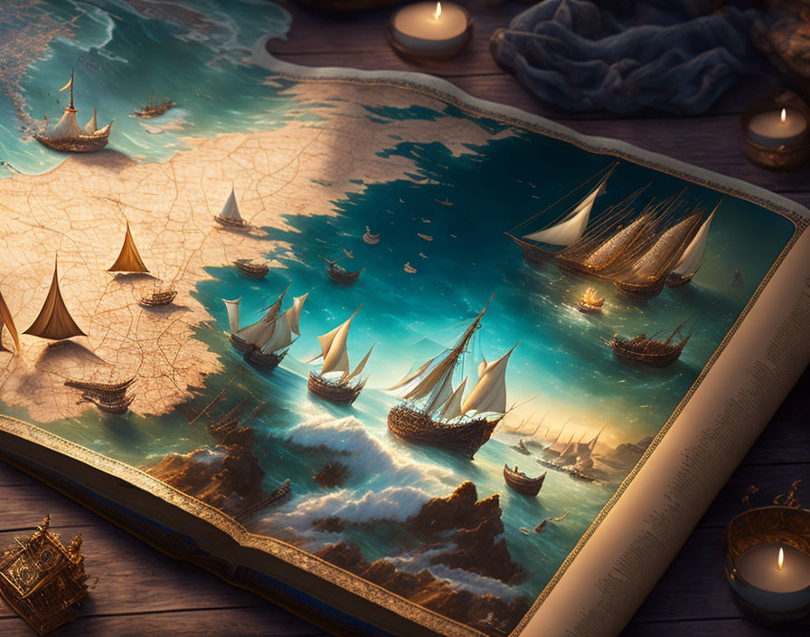 Illustrated sailing ships on open book transition to 3D scene under twilight sky