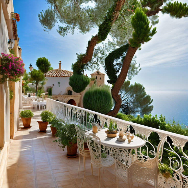 Scenic sea view terrace with potted plants, white table, chairs, and overhanging tree