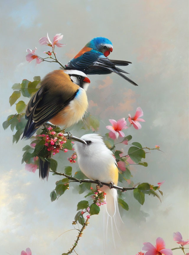 Vibrant Birds on Flowering Branches Under Cloudy Sky