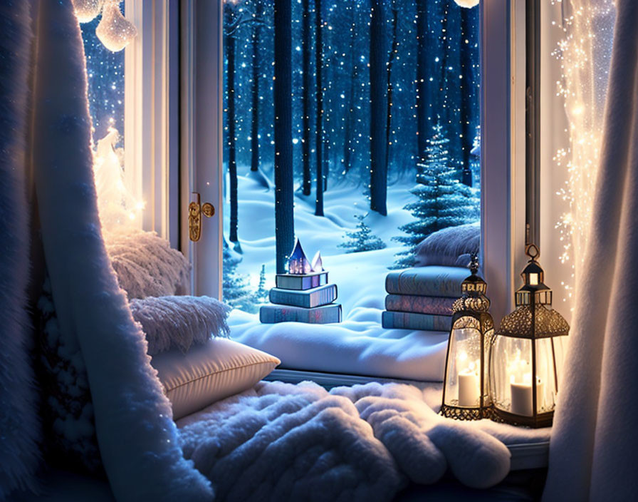 Cozy window seat with snowy forest view at twilight