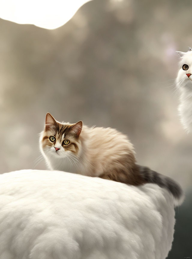 Two Fluffy Cats on Soft White Surface with Bokeh Effect