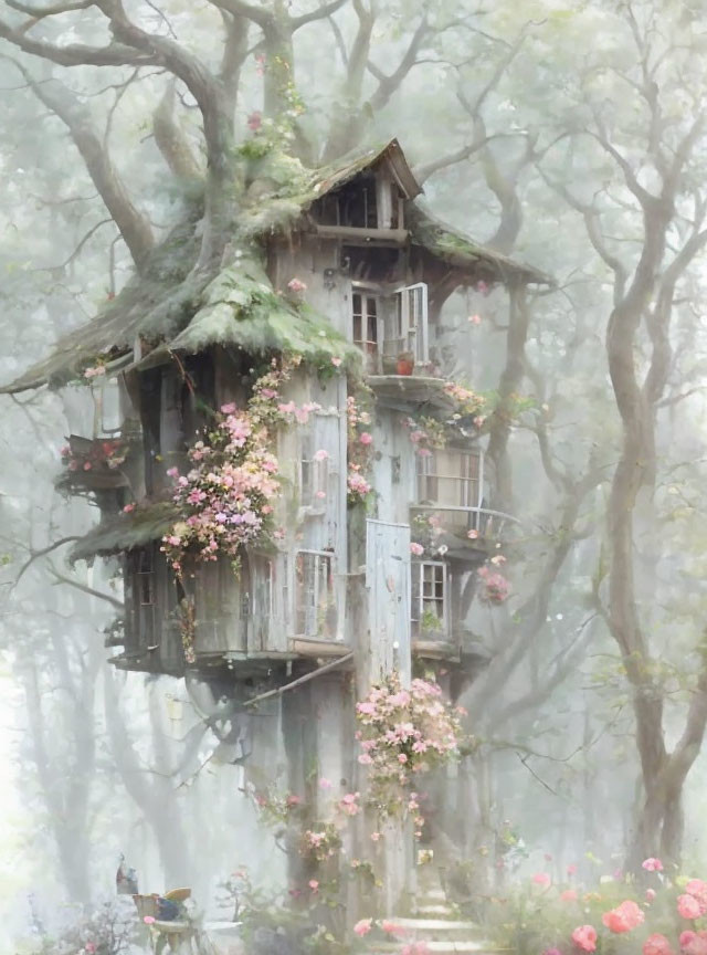 Enchanting treehouse in foggy forest with floral decorations