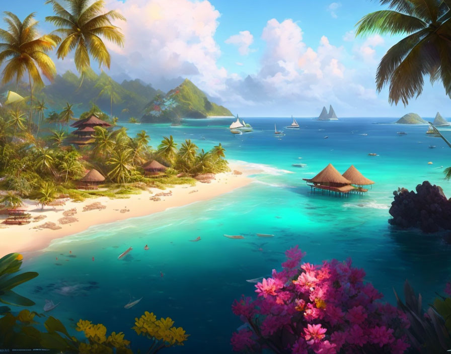 Tropical beach scene with huts, palm trees, clear water, boats, and flowers