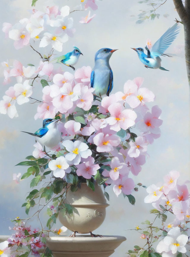 Four vibrant bluebirds with pink and white blossoms in a vase against a cloudy sky