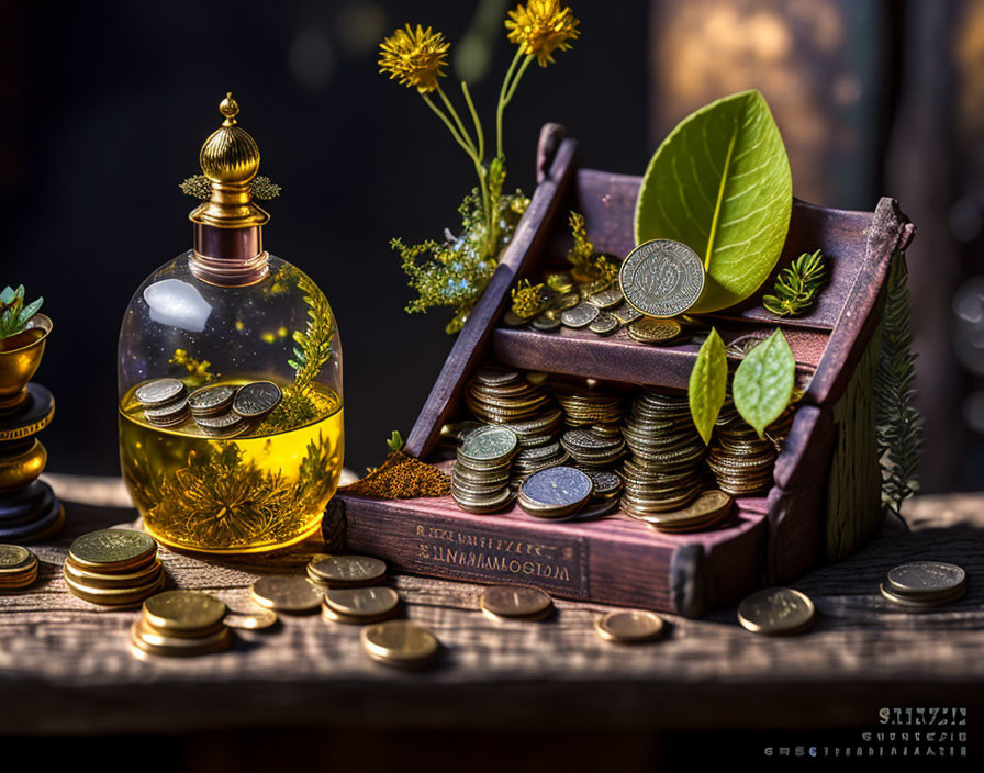 Ornate glass bottle, coins, and yellow flowers on rustic table