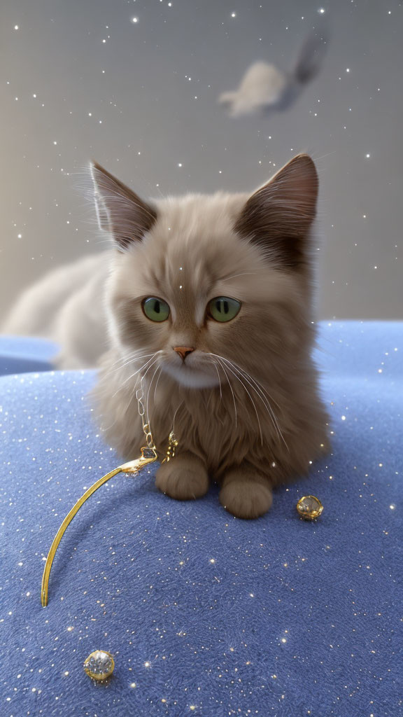 Fluffy Cat with Green Eyes on Blue Surface with Gold Object and Stones under Starry Sky