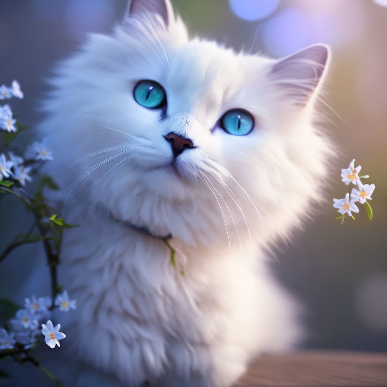 Fluffy White Cat with Blue Eyes Surrounded by White Flowers