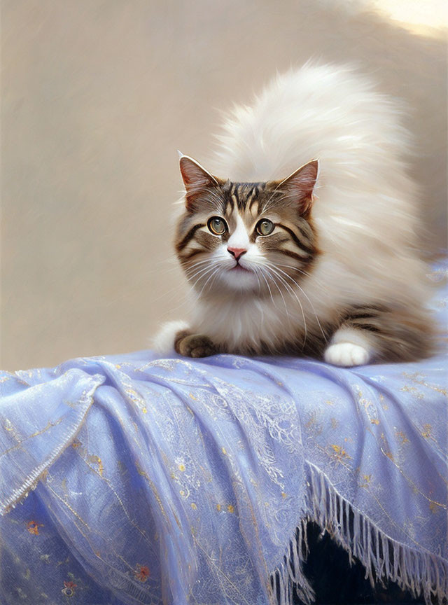 Fluffy Brown and White Cat with Striking Eyes on Blue Fabric