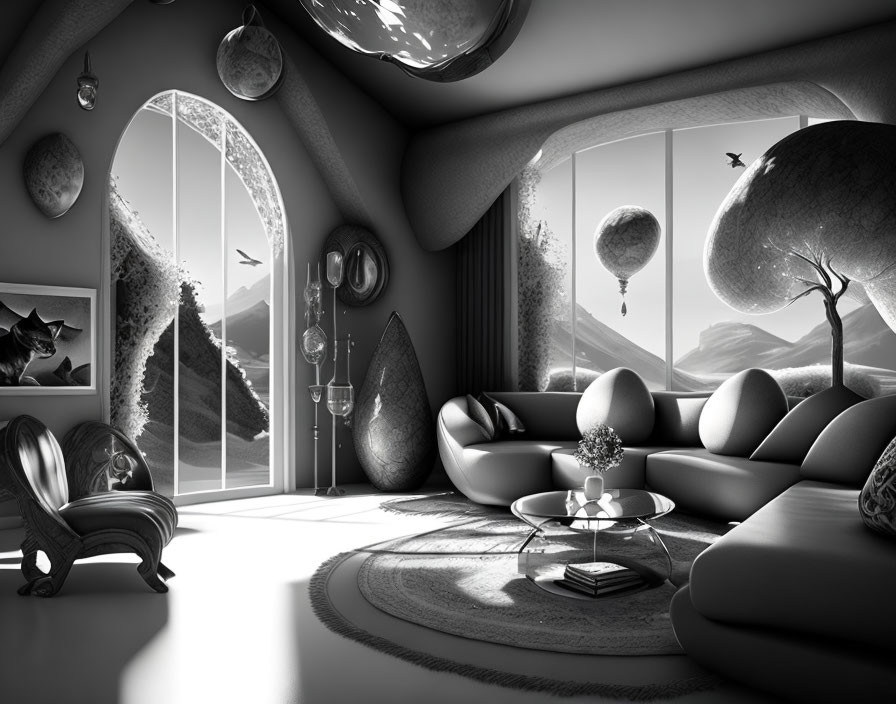 Monochromatic surreal living room with floating orbs, egg-shaped chair, twisty tree, mountain view