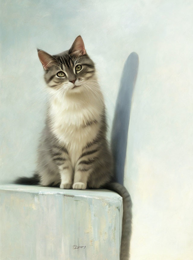 Gray and White Cat with Green Eyes on Blue Surface