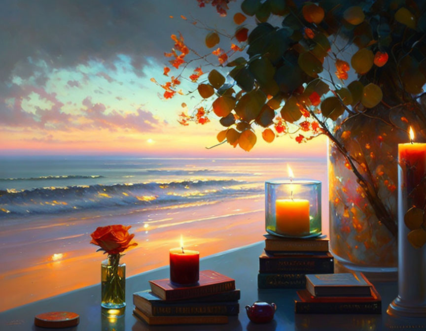 Tranquil beach sunset scene with candle, books, rose, apple, and autumn tree