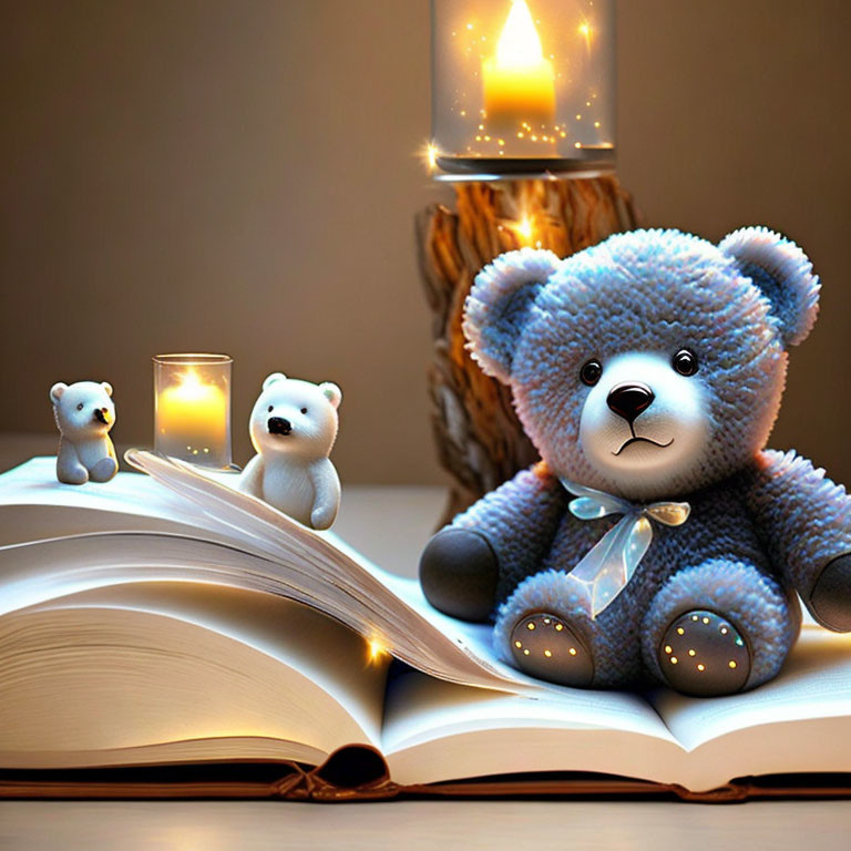 Blue Teddy Bear with Mini Bear Figurines and Book by Candlelight