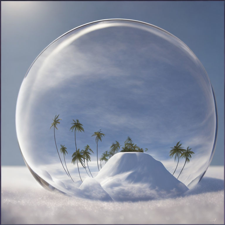 Crystal ball on snow with palm trees and mountain reflection.