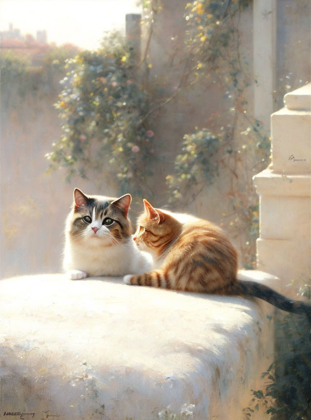 Two Cats Sitting Together on Stone Ledge in Tranquil Sunlit Setting