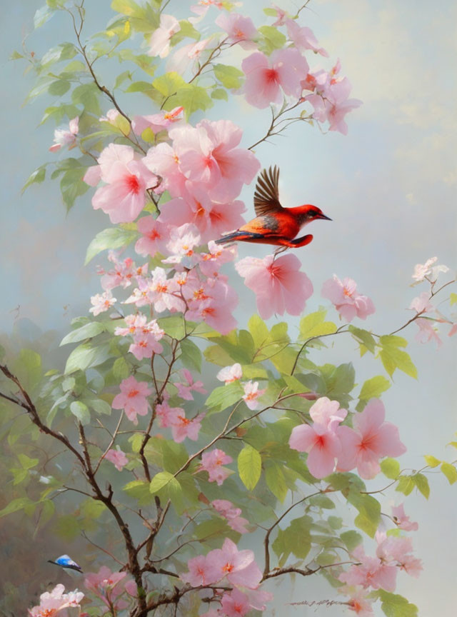 Red bird flying among pink blossoms with blue bird perched on branch