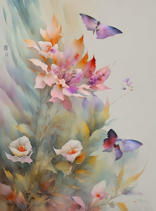 Delicate flowers and butterflies in pastel watercolor art