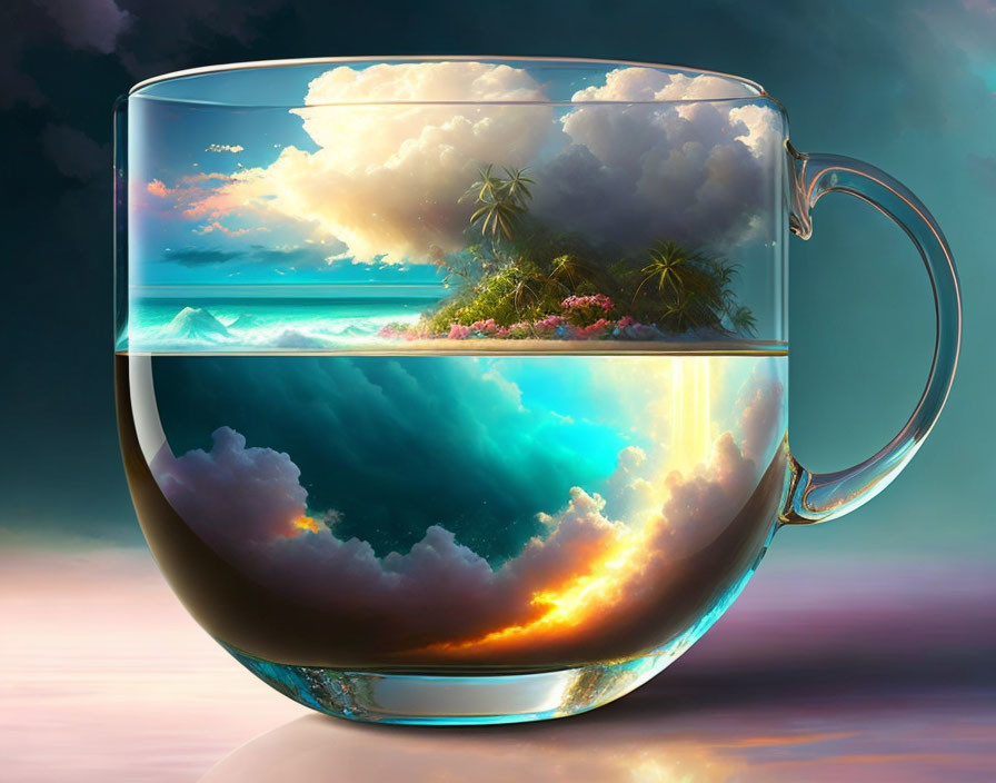 Transparent coffee cup with surreal ocean scene and underwater world visible