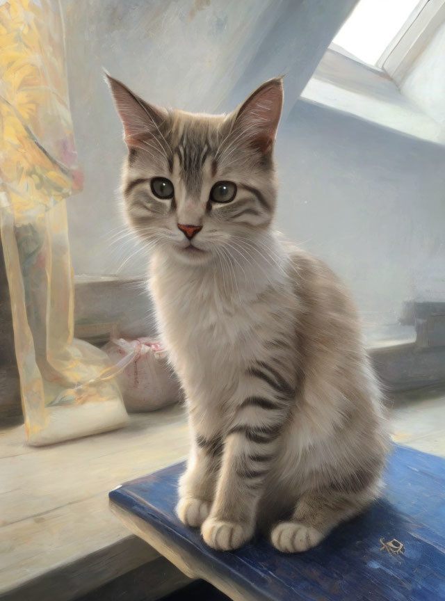 Realistic Gray and White Striped Kitten Painting on Blue Surface