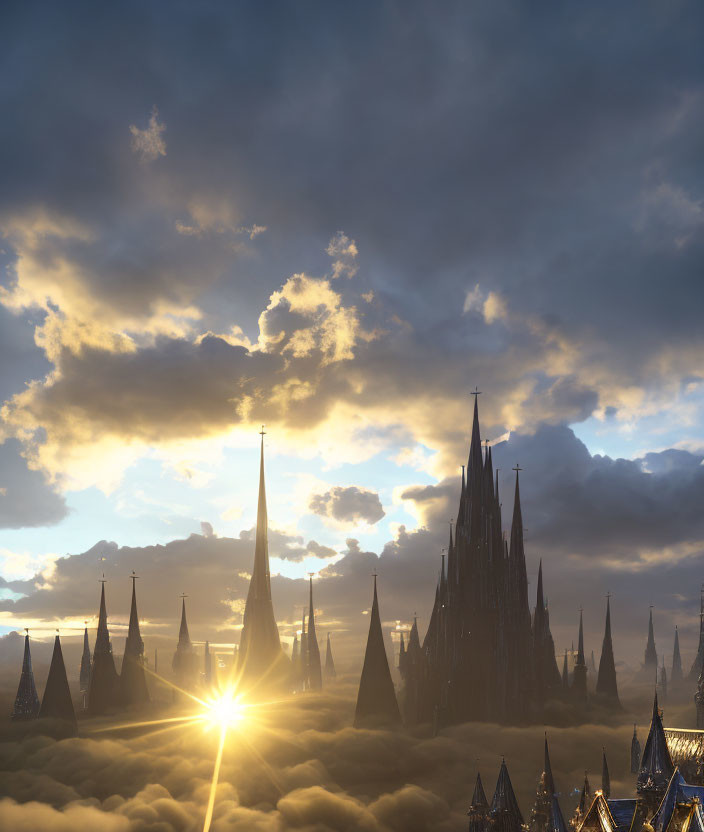 Fantasy landscape with spire-like structures under dramatic sky