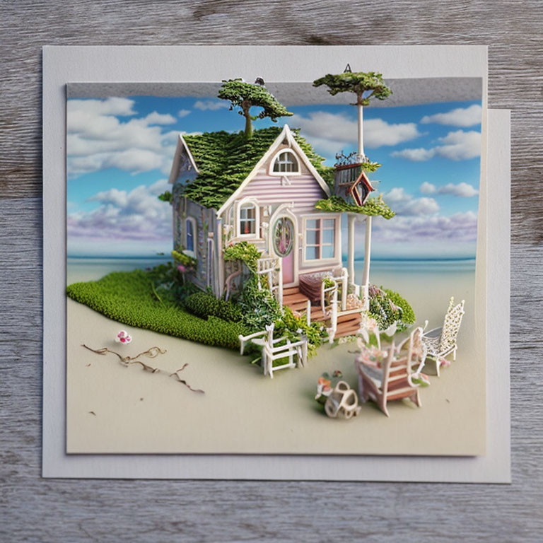 Three-Dimensional Paper Art of Quaint Pink House on Vibrant Background