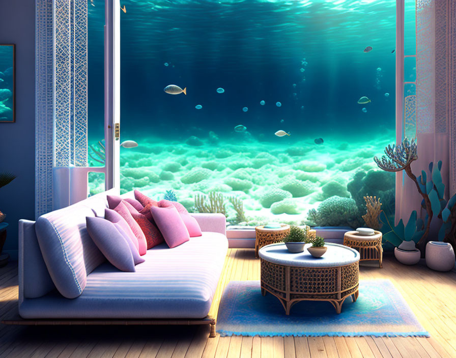 Underwater-themed Room with Coral, Fish, Couch, Tables & Decor