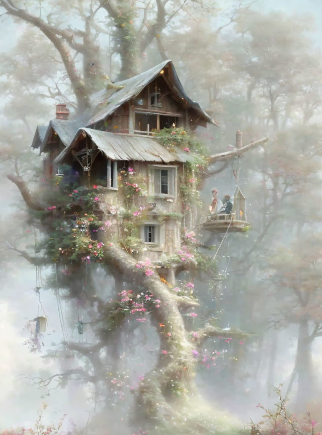Whimsical treehouse in foggy forest with human figures on balcony