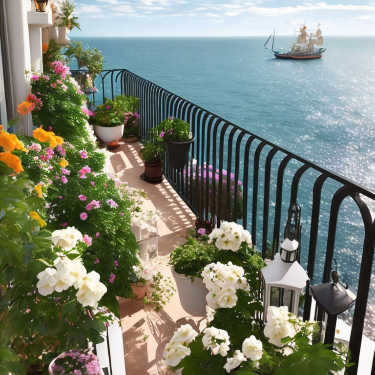 Blooming flowers on sunny balcony with sailboat views