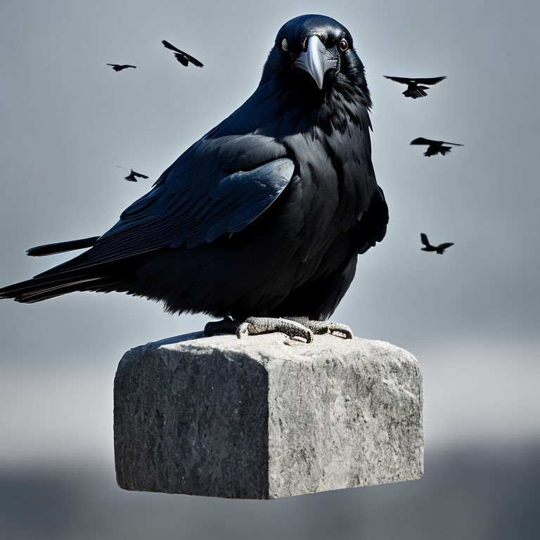 Raven on Stone with Birds in Flight Against Grey Sky