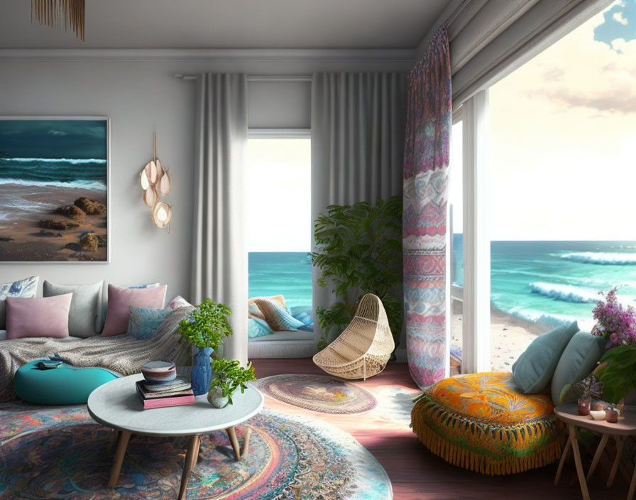 Beachfront living room with vibrant decor and ocean view