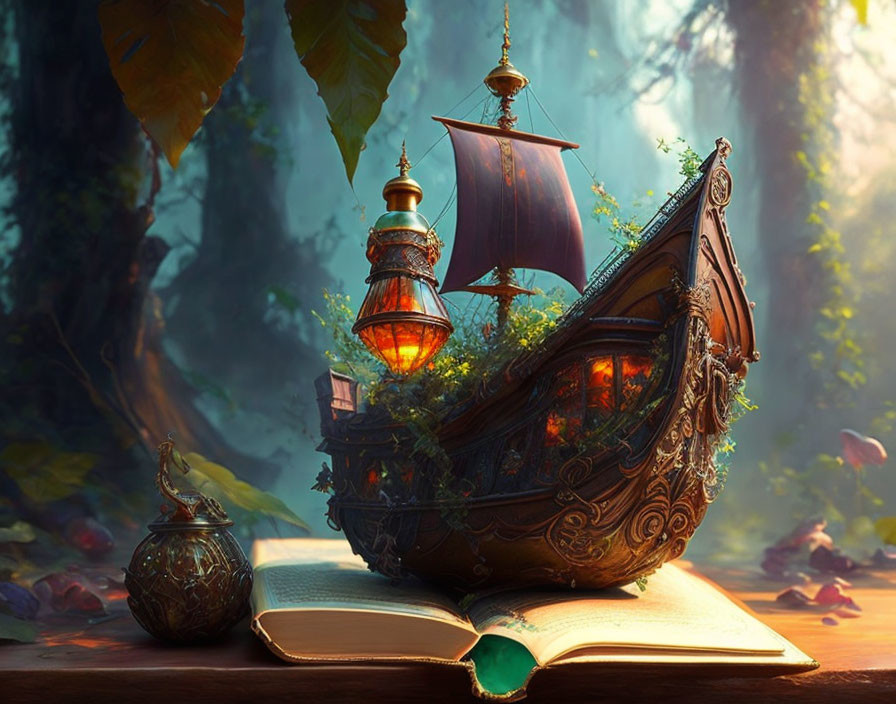 Fantastical ship on open book in mystical forest with glowing lanterns