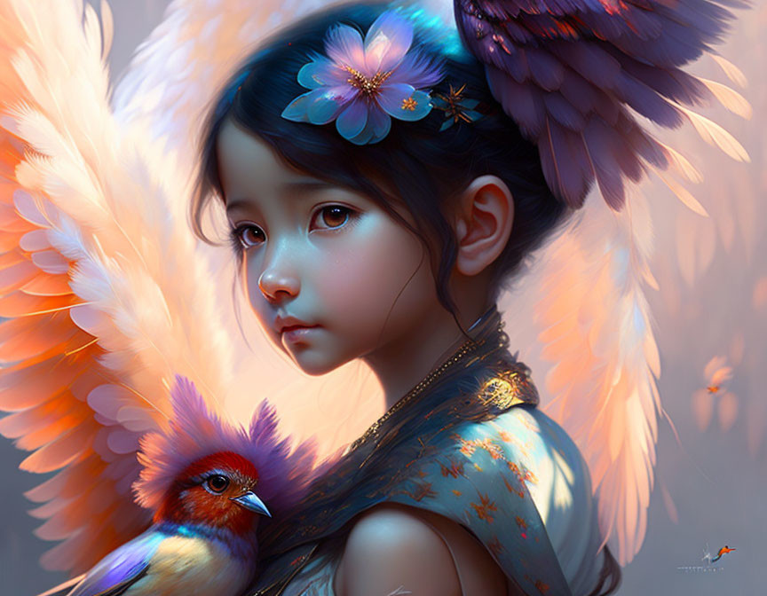 Digital artwork: Girl with angel wings, bird, and blossom in hair