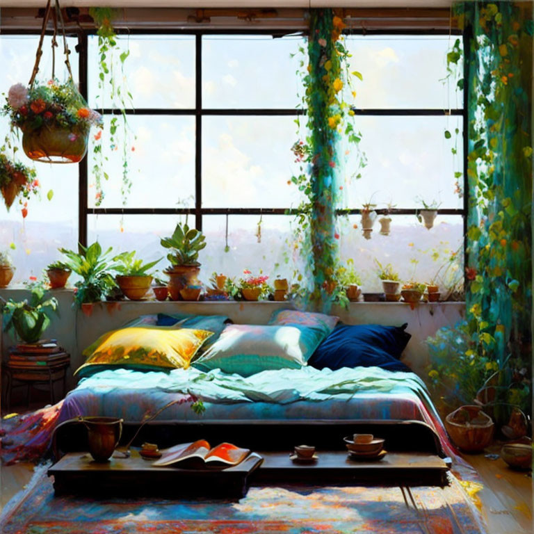 Plant-filled cozy bedroom with large window, scenic view, vibrant bedding, colorful rug, teacups