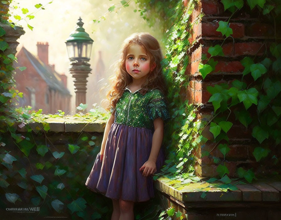 Young girl in green and purple dress by ivy-covered brick wall.