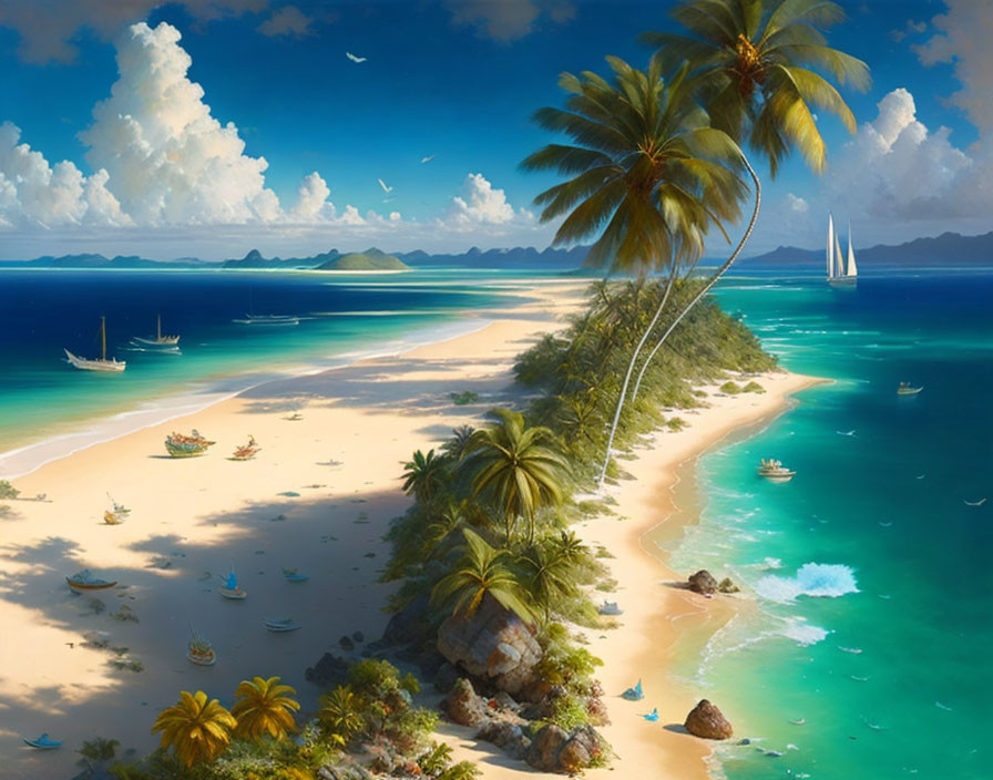 Tropical beach scene with palm trees, white sand, sailing boats, and distant islands under a sunny