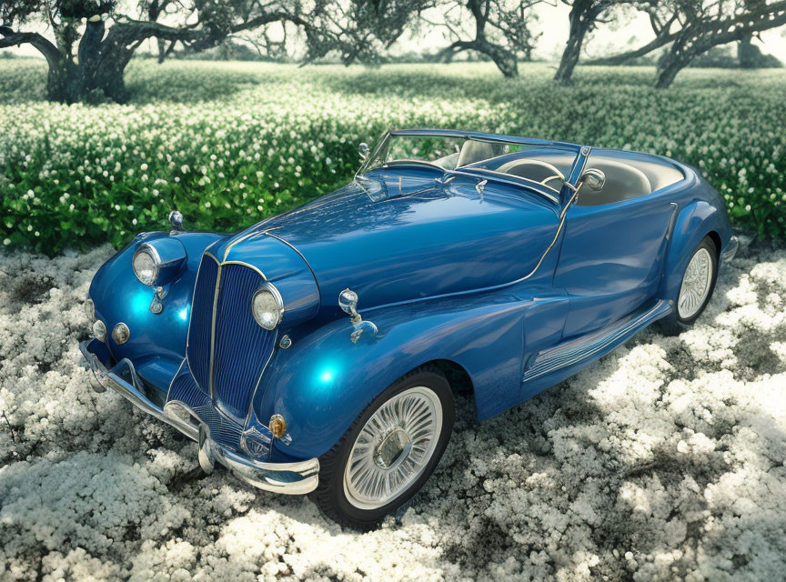 Blue Convertible Car with White-Walled Tires in Nature Setting